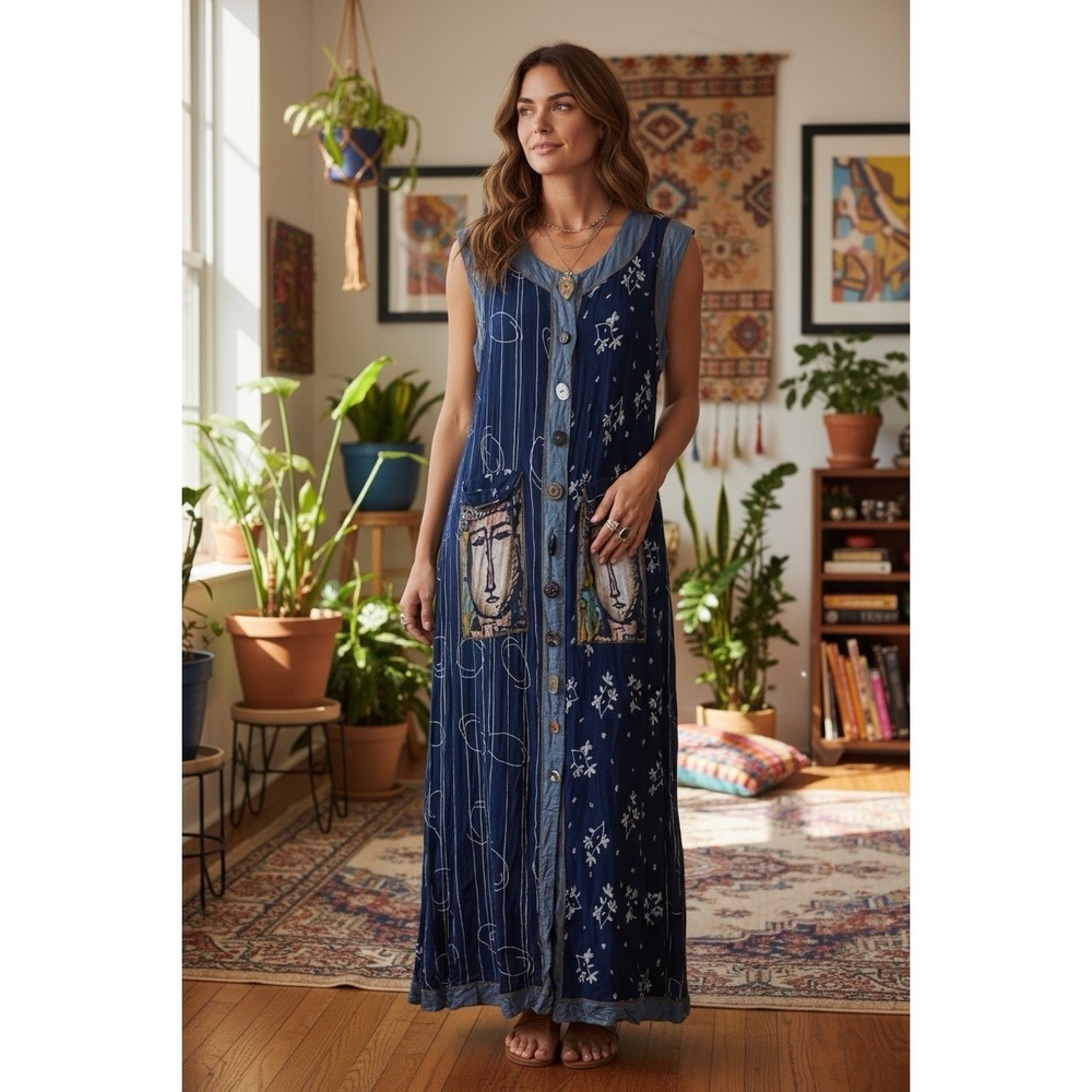 VTG 90s 24 Karat Artsy Boho Basquiat Sleeveless Rayon Dress SMALL Navy Blue